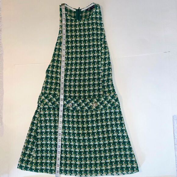 Zara Green Houndstooth Tweed Pinafore Mini Dress Sleeveless Textured Cotton XS - Picture 12 of 16